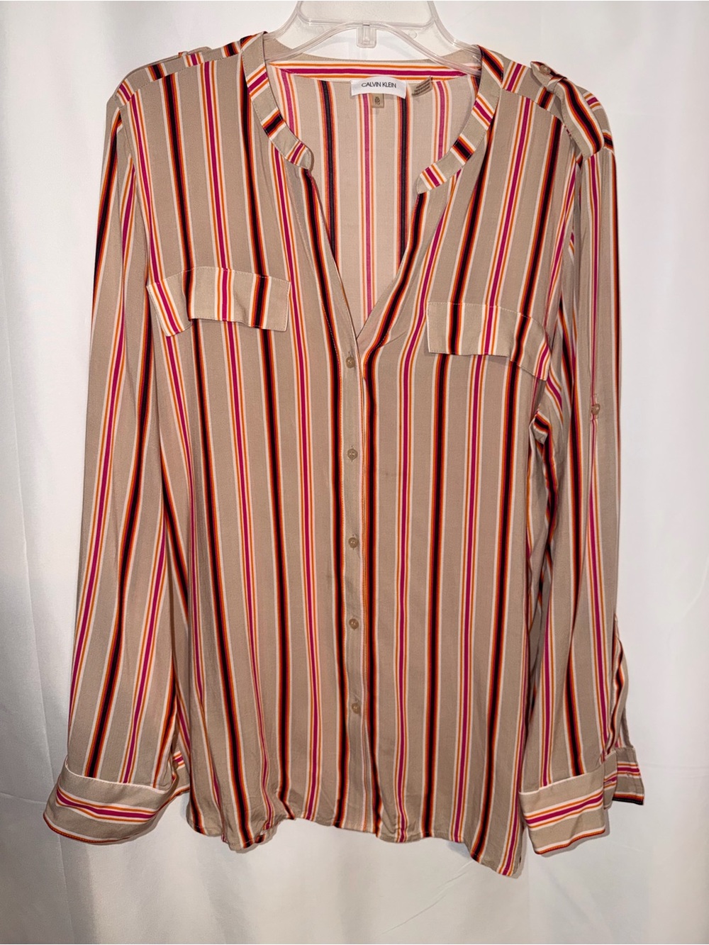 Calvin Klein Colorblock Vertical Stripe Button Front Top with Pockets Size XL CK